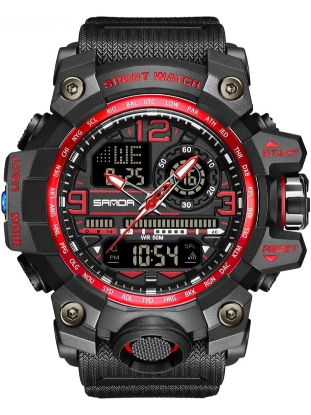 Men's Black Red Analog Quartz Sports Waterproof Military Tactical Digital Watch